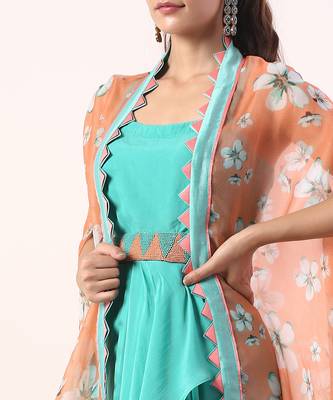 Coral Cape With Teal Draped Dress (Set Of 3) 3