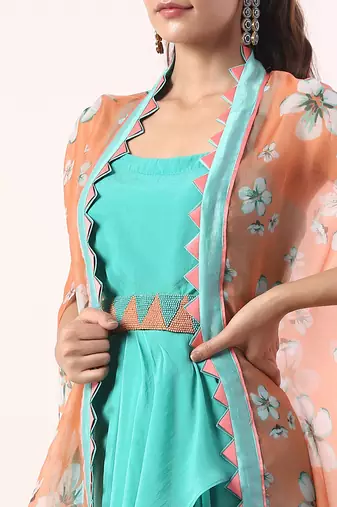 Coral Cape With Teal Draped Dress (Set Of 3)