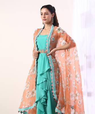 Coral Cape With Teal Draped Dress (Set Of 3) 4