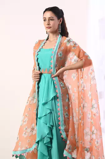 Coral Cape With Teal Draped Dress (Set Of 3)