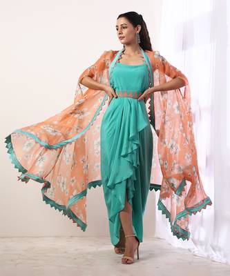 Coral Cape With Teal Draped Dress (Set Of 3) 5
