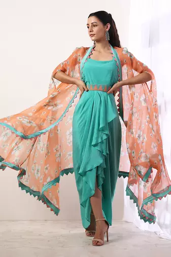Coral Cape With Teal Draped Dress (Set Of 3)