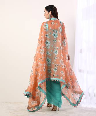 Coral Cape With Teal Draped Dress (Set Of 3) 6