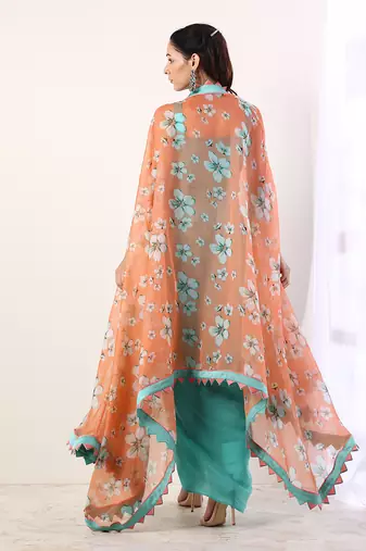 Coral Cape With Teal Draped Dress (Set Of 3)