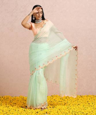 Mint Green Saree Peach Blouse 2