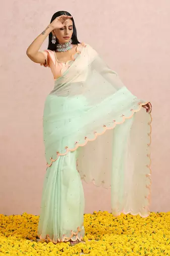 Mint Green Saree Peach Blouse