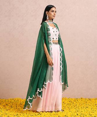 Baby Pink Palazzos With Emerald Cape 1
