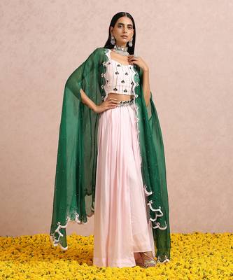 Baby Pink Palazzos With Emerald Cape 2