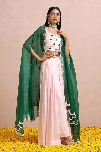 Baby Pink Palazzos With Emerald Cape