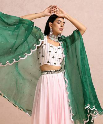 Baby Pink Palazzos With Emerald Cape 3