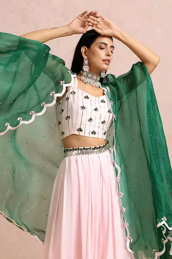 Baby Pink Palazzos With Emerald Cape
