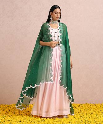 Baby Pink Palazzos With Emerald Cape 9