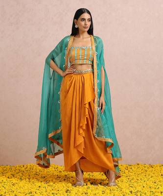 Teal Cape And Rust Dhoti Set 1