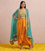 Teal Cape And Rust Dhoti Set