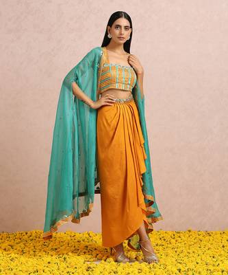 Teal Cape And Rust Dhoti Set 2