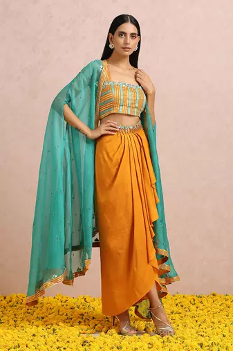 Teal Cape And Rust Dhoti Set