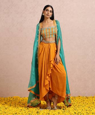 Teal Cape And Rust Dhoti Set 3