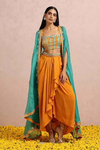 Teal Cape And Rust Dhoti Set