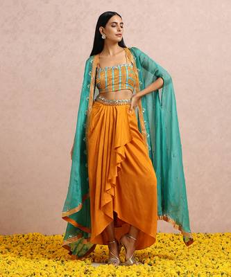 Teal Cape And Rust Dhoti Set 5