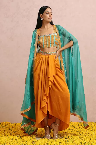 Teal Cape And Rust Dhoti Set