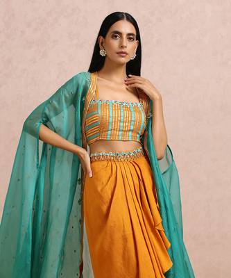 Teal Cape And Rust Dhoti Set 6