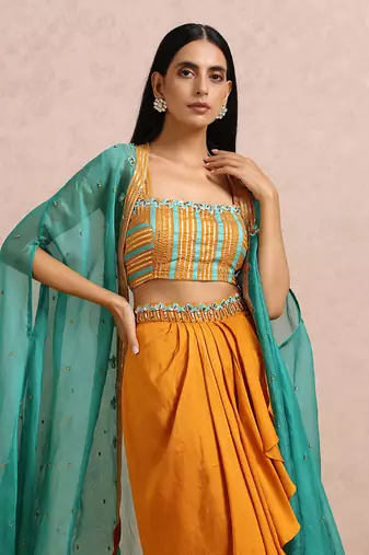 Teal Cape And Rust Dhoti Set