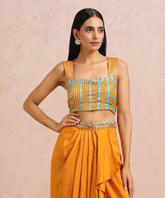 Teal Cape And Rust Dhoti Set 8