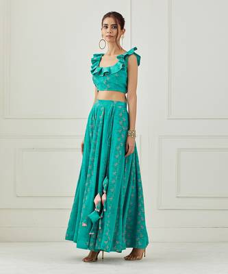 Teal Ruffle Top With Lehenga Set 1