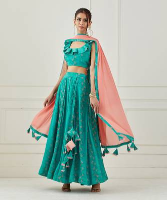 Teal Ruffle Top With Lehenga Set 2