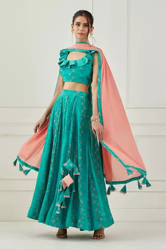 Teal Ruffle Top With Lehenga Set