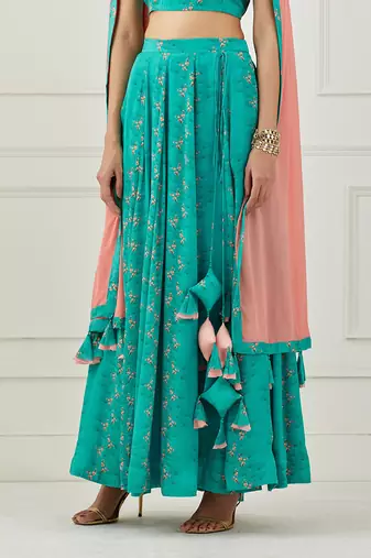 Teal Ruffle Top With Lehenga Set