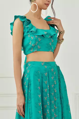 Teal Ruffle Top With Lehenga Set