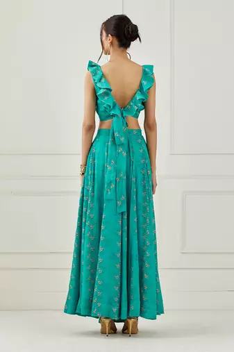 Teal Ruffle Top With Lehenga Set