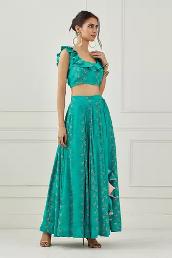 Teal Ruffle Top With Lehenga Set
