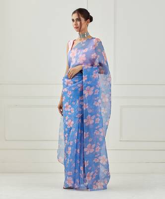 Moon Blue Organza Saree (Stitched blouse) 1