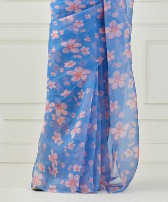 Moon Blue Organza Saree (Stitched blouse) 2