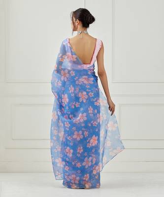 Moon Blue Organza Saree (Stitched blouse) 3