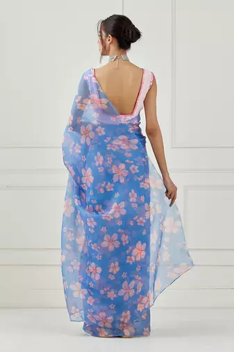 Moon Blue Organza Saree (Stitched blouse)