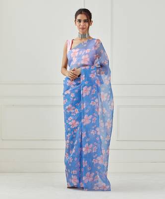 Moon Blue Organza Saree (Stitched blouse) 4