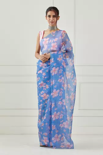 Moon Blue Organza Saree (Stitched blouse)