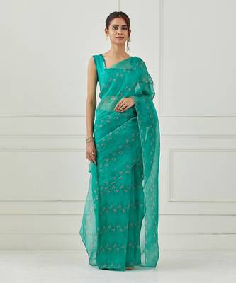 Teal Organza Saree (Stitched Blouse) 4