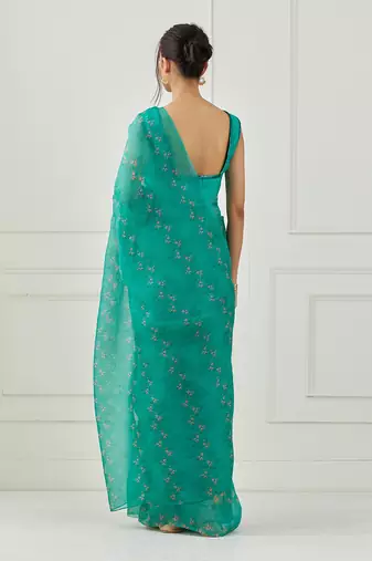 Teal Organza Saree (Unstitched Blouse)