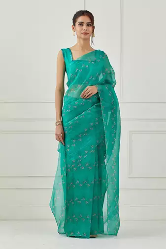 Teal Organza Saree (Unstitched Blouse)