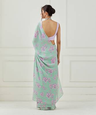Mint Green Organza Saree (Stitched Blouse) 2