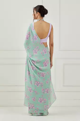 Mint Green Organza Saree (Stitched Blouse)