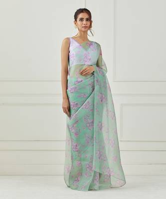 Mint Green Organza Saree (Stitched Blouse) 4