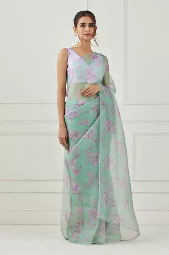 Mint Green Organza Saree (Stitched Blouse)