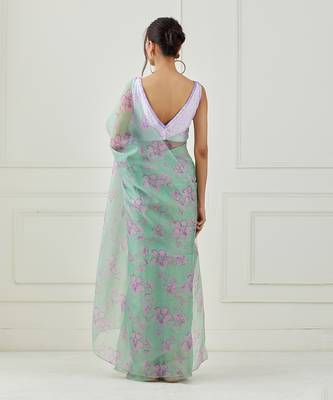 Mint Green Organza Saree (Unstitched Blouse) 2
