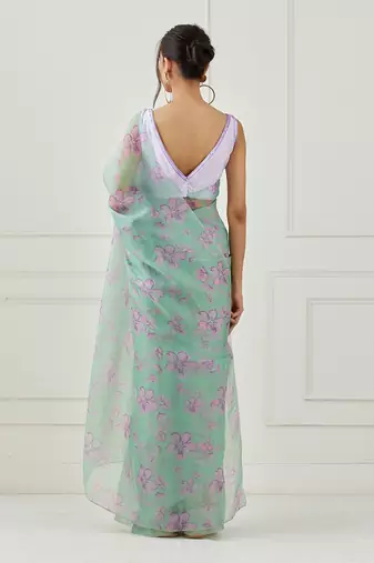Mint Green Organza Saree (Unstitched Blouse)