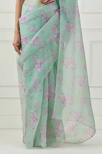 Mint Green Organza Saree (Unstitched Blouse)